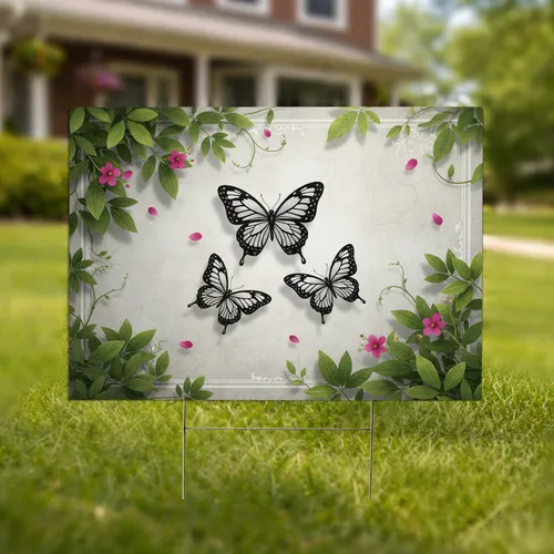 Fuchsia Flowers Black Butterflies Garden - Outdoor Decor Gift for Nature Lovers Yard Sign