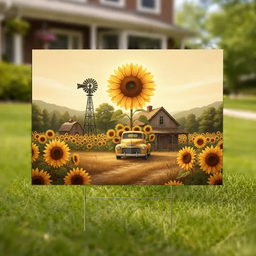 Rustic Farmhouse Vintage Truck Sunflowers Windmill Barn Scene - Farmhouse Decor Gift Yard Sign