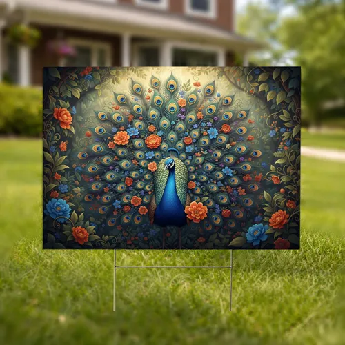 Peacock Feathers Lush Botanical Garden Blooming Flowers Wildlife Home Decor Gift for Nature Lovers Yard Sign