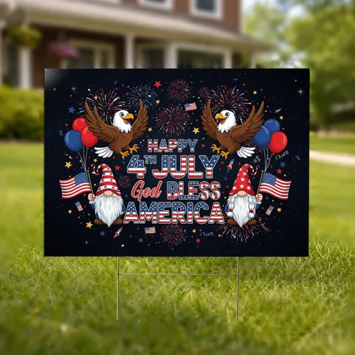 Patriotic Bald Eagle Gnome Happy 4th of July - God Bless America Independence Day Display Yard Sign