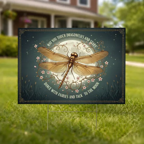 Dragonfly Full Moon Vines Stars - Celestial Fantasy Home Decor Gift for Nature Lover Yard Sign