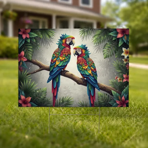Vibrant Macaw Tropical Foliage Exotic Garden Wall - Wildlife Lover Home Decor Gift Yard Sign