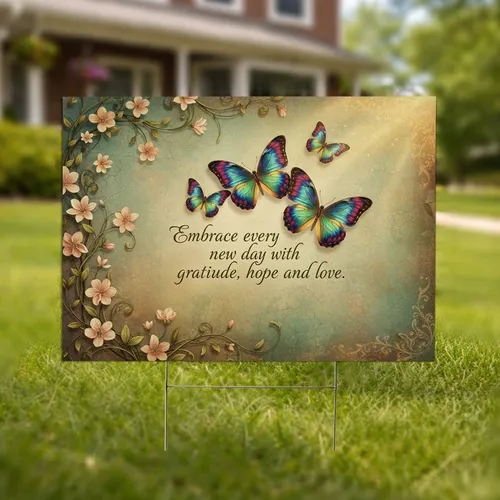 Inspirational Butterflies Floral Blossoms Gratitude Hope Love - Rustic Home Decor Gift Yard Sign