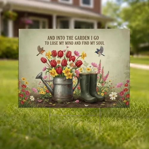 Garden Quote Watering Can Tulips Daffodils Birds – Farmhouse Decor for Gardeners Yard Sign