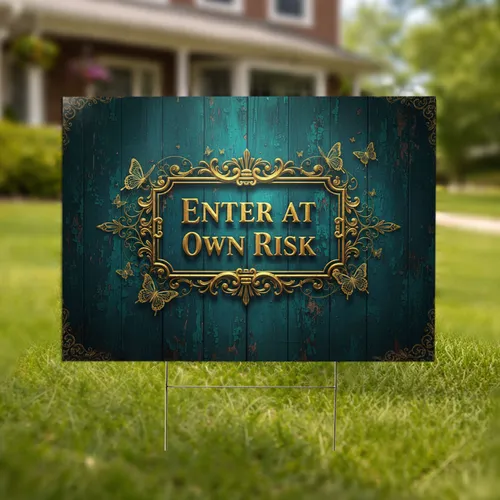 Enter At Your Own Risk Golden Scrollwork Gate - Mysterious Yard Accent Yard Sign