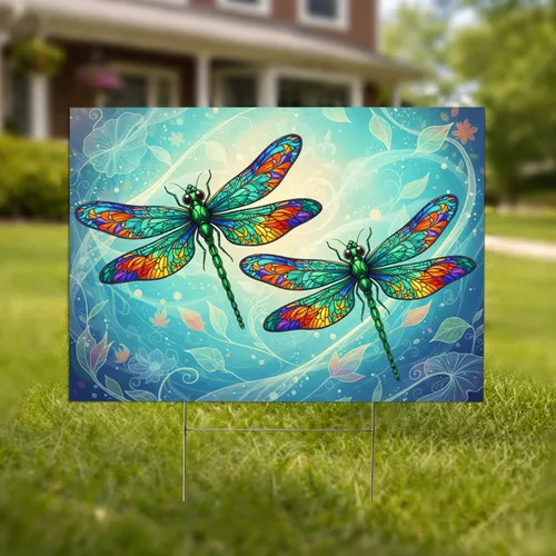 Metallic Green Dragonflies Stained Glass Wings Lily Pads - Outdoor Home Decor Gift Yard Sign
