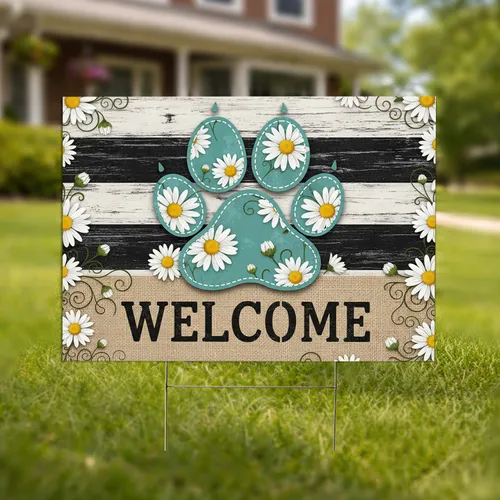 Distressed Teal Dog Paw Print Daisy Welcome - Farmhouse Home Decor Yard Sign