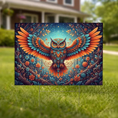 Ornate Winged Owl Mandala Floral Swirls Glowing Celestial Forest - Wildlife Lover Gift Yard Sign