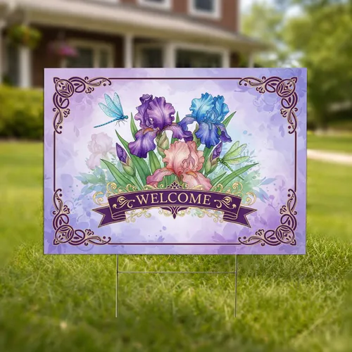 Purple Irises Dragonflies Ornate Welcome - Garden Home Decor Yard Sign
