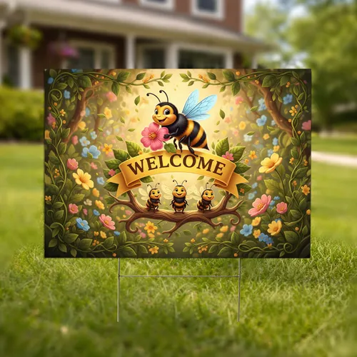 Cheerful Bees Welcome Banner Garden Flowers - Home Decor Gift for Garden Lover Yard Sign