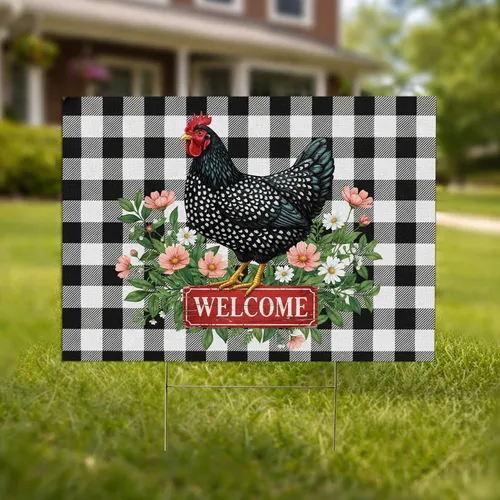 Polka Dot Black Hen Welcome Sign - Farmhouse Home Decor Gift for Chicken Lover Yard Sign