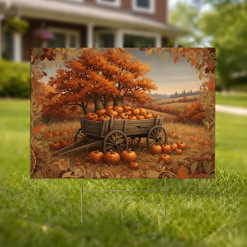 Rustic Wagon Pumpkins Autumn Trees - Fall Harvest Home Decor Yard Sign