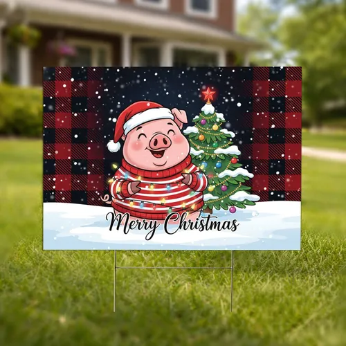 Cartoon Pig Santa Hat Christmas Tree Buffalo Plaid Christmas Holiday Gift for Pig Lover Yard Sign