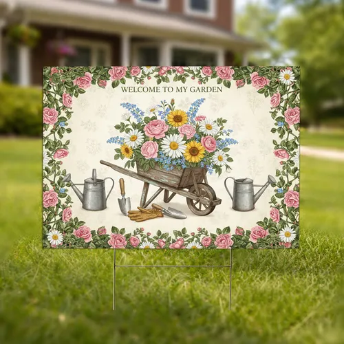 Welcome To My Garden Rustic Wheelbarrow Flowers Watering Cans - Outdoor Home Decor Gift Yard Sign