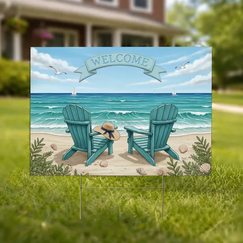 Welcome Adirondack Chairs Ocean Beach Scene - Home Decor Gift Yard Sign