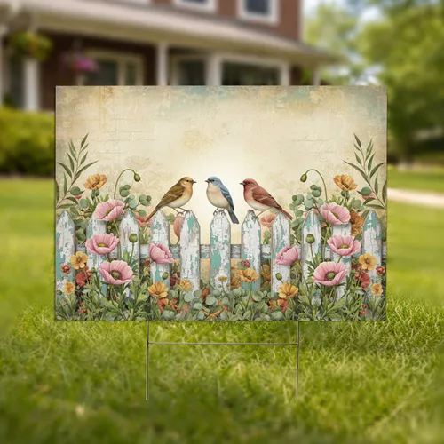 Realistic Songbirds Vintage Picket Fence Garden Floral - Outdoor Decor Gift for Bird Lovers Yard Sign