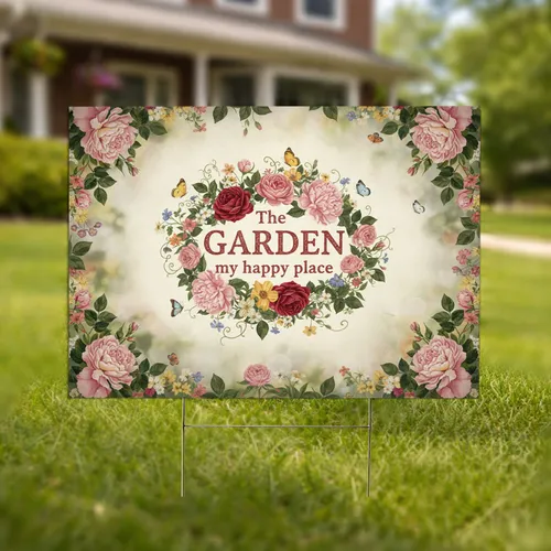 Blooming Garden Flowers Butterflies 'The GARDEN my happy place' Text - Yard Decor Gift Yard Sign