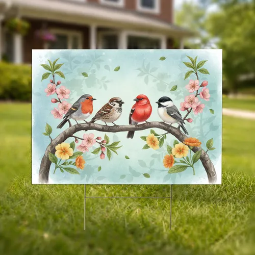 Realistic Small Birds Gnarled Branch Blossoms - Wildlife Lover Garden Decor Gift Yard Sign