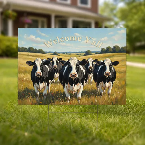 Holstein Cows Golden Field Welcome Y'all - Farmhouse Decor Gift for Cow Lover Yard Sign