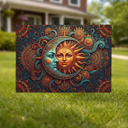 Crescent Moon Sun Mandala Swirling Cosmic Tapestry - Ancient Spiritual Home Decor Gift Yard Sign
