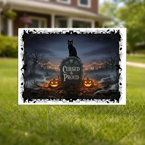 Black Cat Cursed & Proud Tombstone Spooky Halloween Decor - Gothic Cat Lover Gift Yard Sign
