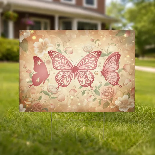 Three Butterflies Rose Blossoms Vines - Home Decor Gift for Butterfly Lover Yard Sign