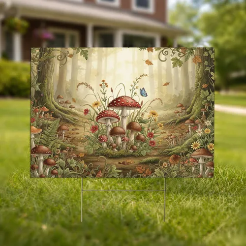 Forest Floor Mushrooms Wildflowers - Woodland Home Decor Gift Yard Sign