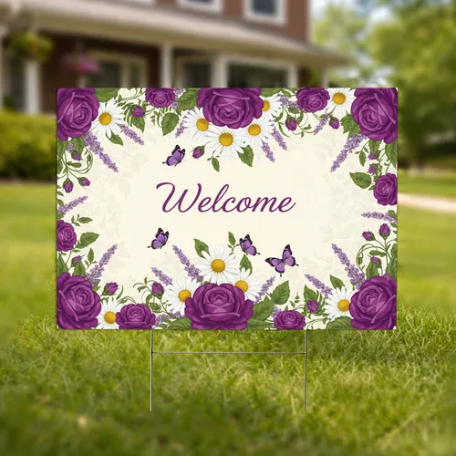 Welcome Floral Butterflies Roses Daisies - Everyday Home Welcome Decor Yard Sign