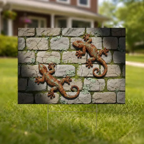 Patina Geckos Rustic Stone Wall Moss - Outdoor Home Decor Gift Yard Sign