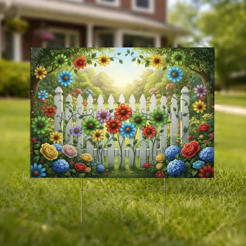 Metal Flowers Daisy Blooms Picket Fence Garden - Home Garden Decor Gift for Gardener Yard Sign