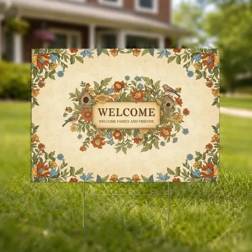 Welcome Family Friends Plaque Vintage Botanicals Birds - Home Entryway Greeting Decor Yard Sign
