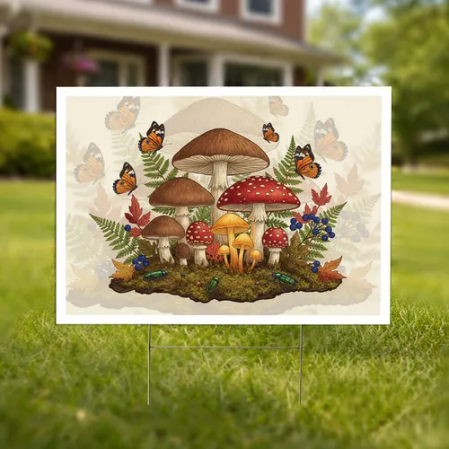 Forest Mushrooms Butterflies Insects Berries - Outdoor Home Decor Gift for Nature Lover Yard Sign