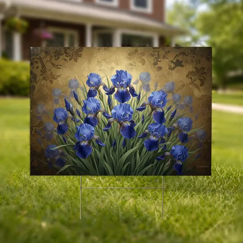 Royal Blue Irises Flower Field Aged Patina Botanical Garden Decor Gift for Gardeners Yard Sign