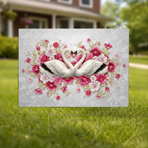 White Swans Heart Golden Outlines Pink Flowers - Romantic Outdoor Display Yard Sign