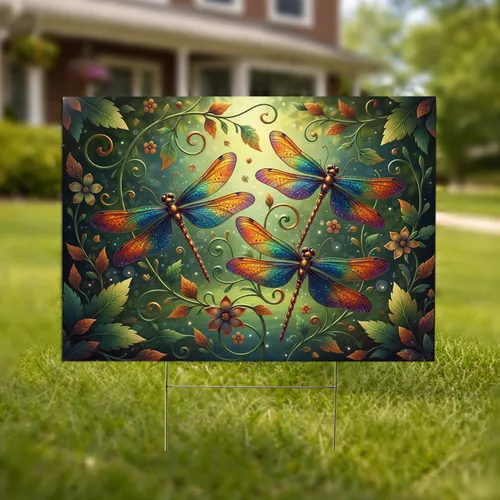 Iridescent Metallic Dragonflies Garden Vines - Garden Decor Gift Yard Sign