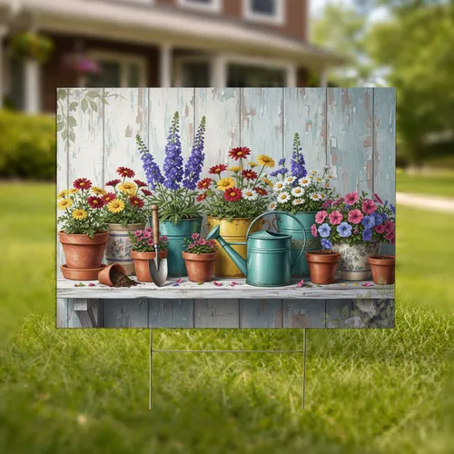 Blooming Garden Flowers Rustic Pots Gardening Tools Shelf - Farmhouse Home Decor for Gardeners Yard Sign