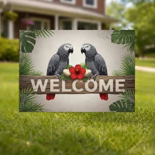 African Grey Parrots Welcome Sign Tropical Easter Home Decor Yard Sign