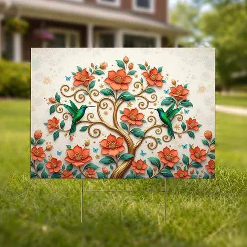 Ornate Tree Hummingbird Stylized Floral - Home Decor Gift for Nature Lovers Yard Sign