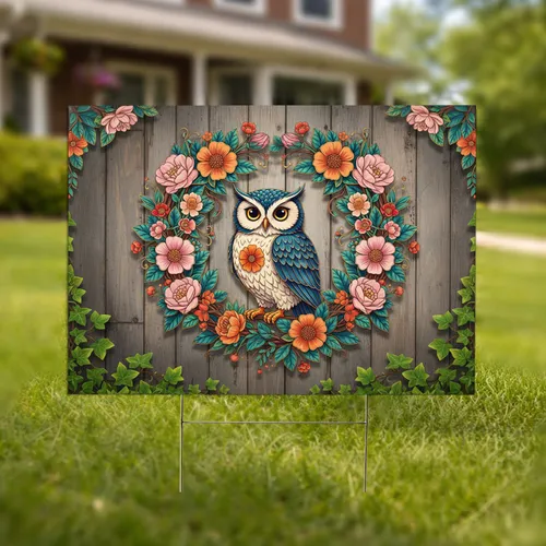 Stylized Owl Floral Wreath Rustic Wood Panel - Outdoor Decor Gift Yard Sign
