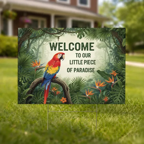 Scarlet Macaw Welcome Paradise Tropical Rainforest - Outdoor Home Decor Gift Yard Sign