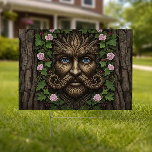 Whimsical Tree Spirit Face Ivy Rose Berries - Garden Decor Gift for Nature Lover Yard Sign