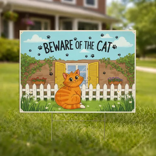 Beware of the Cat Orange Cat Paw Print - Picket Fence Outdoor Home Decor Cat Lover Yard Sign
