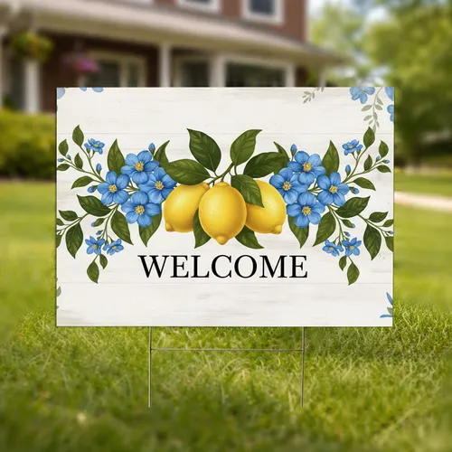 Lemons Blue Flowers Welcome Rustic Wood Farmhouse Home Decor Gift Yard Sign