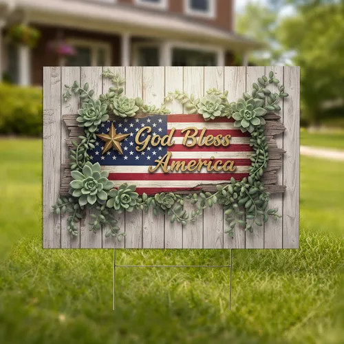 God Bless America Distressed Flag Succulent - Patriotic Outdoor Home Decor Yard Sign