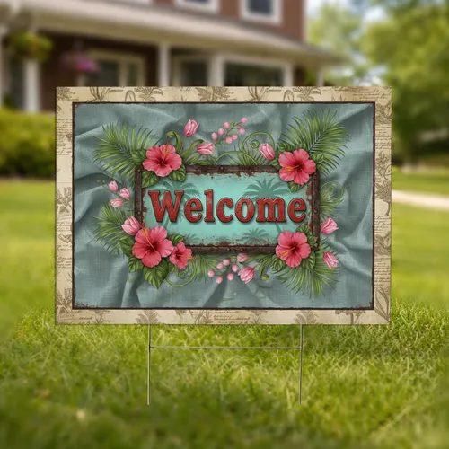 Rusty Red Welcome Metal Sign, Tropical Hibiscus Palm Foliage - Outdoor Travel Decor Yard Sign