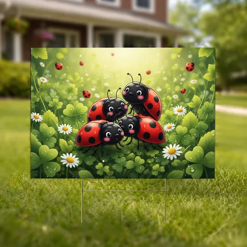 Charming Red Ladybugs Lush Clover White Daisy - Sun-Dappled Garden Outdoor Decor Yard Sign