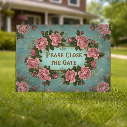Please Close Gate Vintage Pink Roses Aged Garden Wall Entry Reminder Yard Sign