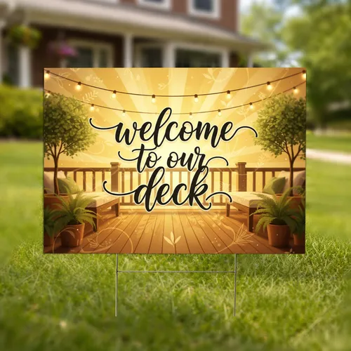 Welcome To Our Deck String Lights Greenery - Outdoor Entertaining Decor Yard Sign