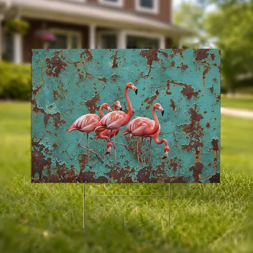 Pink Flamingos Distressed Turquoise Rust - Wildlife Lover Outdoor Decor Gift Yard Sign