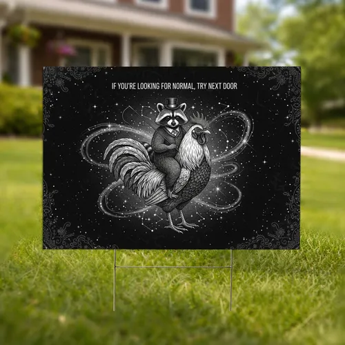 Black White Raccoon Riding Rooster 'IF YOU'RE LOOKING FOR NORMAL' Humorous Home Decor Yard Sign